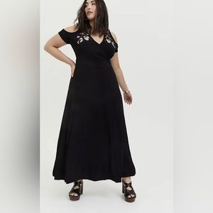 Black cold shoulder jersey knit maxi floral embroidered dress NWT
